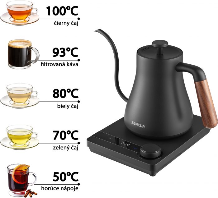 Електрочайник Sencor 0.6л, 5 темп.реж, підтримка температури, мех. управління, нержавіюча сталь, чорний