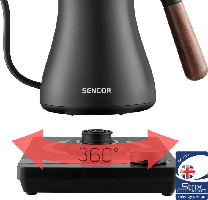 Електрочайник Sencor 0.6л, 5 темп.реж, підтримка температури, мех. управління, нержавіюча сталь, чорний