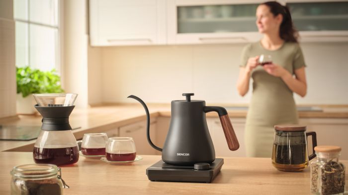 Електрочайник Sencor 0.6л, 5 темп.реж, підтримка температури, мех. управління, нержавіюча сталь, чорний