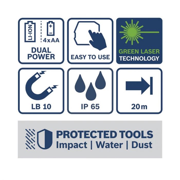 Нівелір лазерний Bosch Professional GLL 20-22 G 3.7В/4АА до 20м ±0.3мм/м зелений промінь чохол IP 65 0.59кг