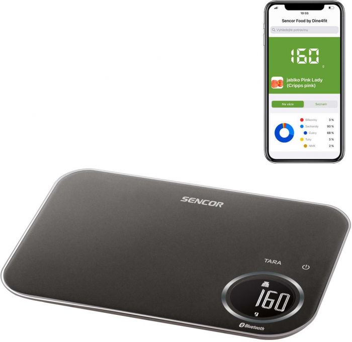 Ваги Sencor кухонні, 8кг, підключення до смартфону, AAAx2, пластик, чорний