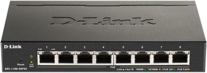 Комутатор D-Link DGS-1100-08PV2 8xGE PoE 64Вт, EasySmart
