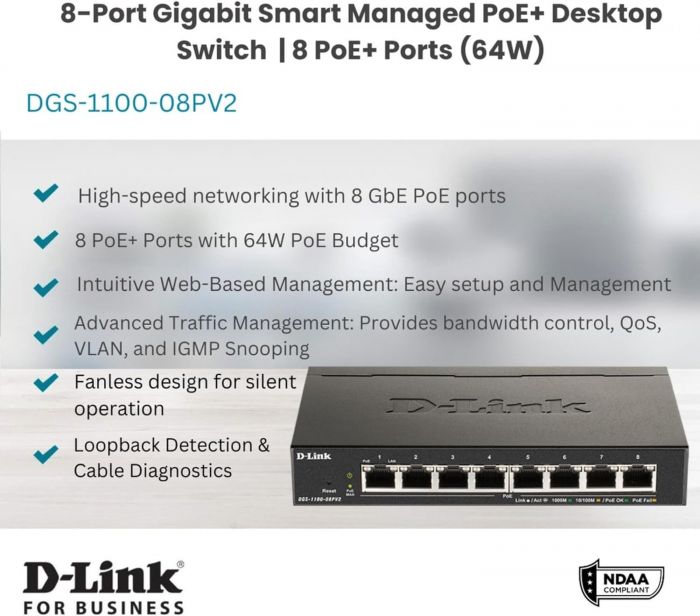 Комутатор D-Link DGS-1100-08PV2 8xGE PoE 64Вт, EasySmart