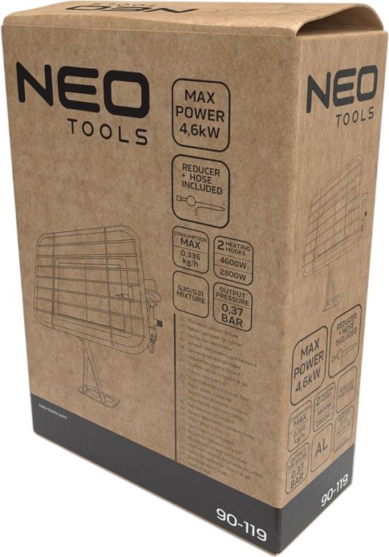 Обігрівач газовий Neo Tools, 4.6кВт, 218-355г/год, 37мбар, редуктор, шланг 40см