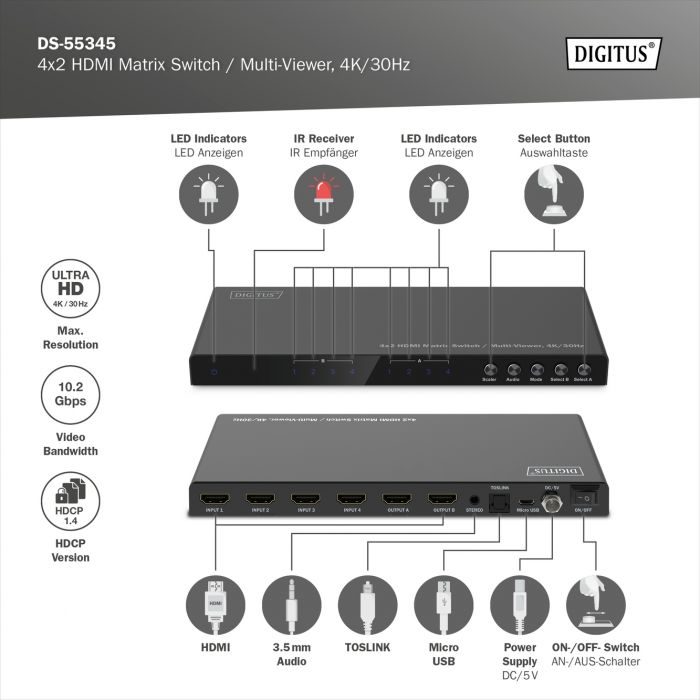 Перемикач DIGITUS 4x2 HDMI Matrix Switch / Multi-Viewer, 4K/30Hz