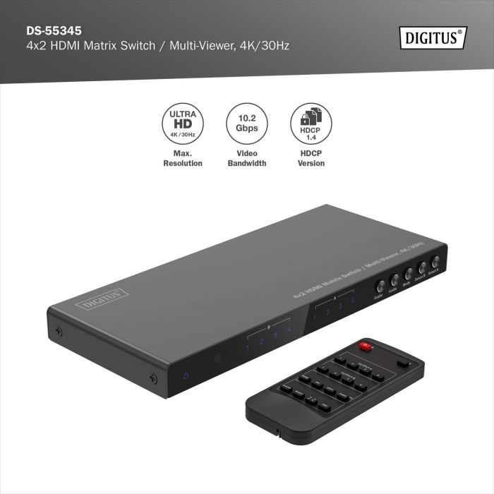 Перемикач DIGITUS 4x2 HDMI Matrix Switch / Multi-Viewer, 4K/30Hz