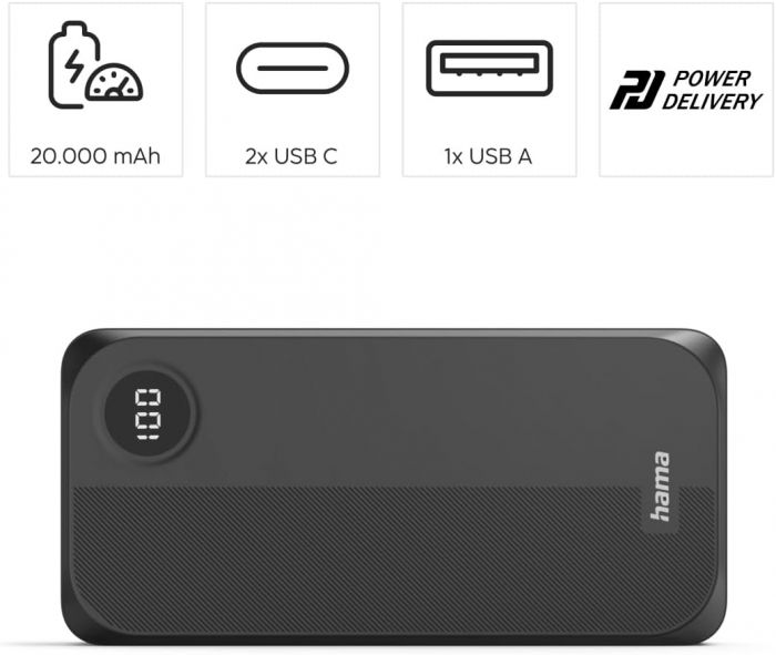 Акумулятор портативний літій-іонний Power Bank Hama 20000 мА·год, 2хUSB-C/USB-A, black