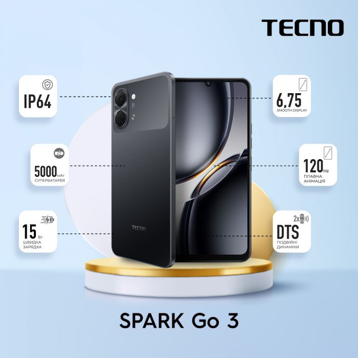 Смартфон TECNO Spark Go 3 (KN3) 6.75" 4/64ГБ, 2SIM, 5000мА•год, Ink Black