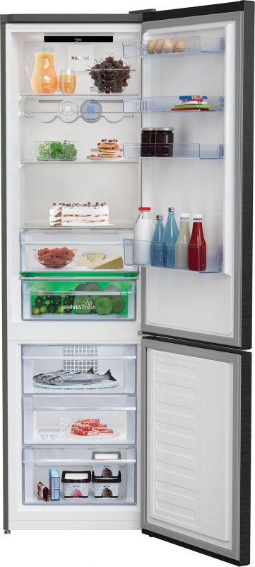 Холодильник Beko з нижн. мороз., 203x60x67, xолод.відд.-253л, мороз.відд.-109л, 2дв., E, NF, дисплей, HarvestFresh, нержавіюча сталь чорного кольору