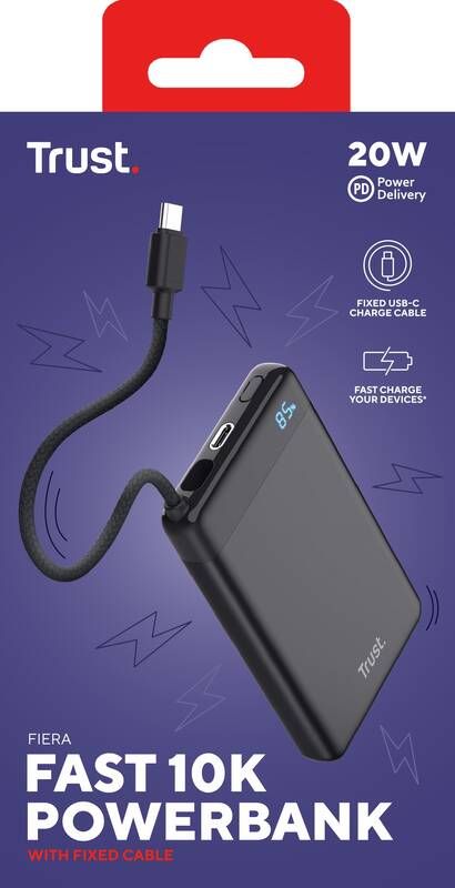 Акумулятор портативний літій-іонний power bank Trust Fiera, 10000мА·год, 2хUSB-C, 20W, PD/QC 3.0, чорний