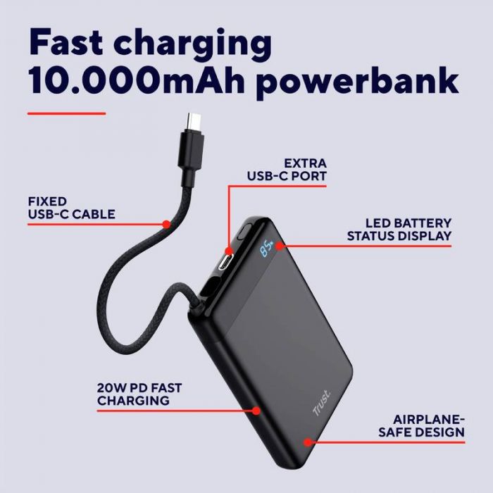 Акумулятор портативний літій-іонний power bank Trust Fiera, 10000мА·год, 2хUSB-C, 20W, PD/QC 3.0, чорний