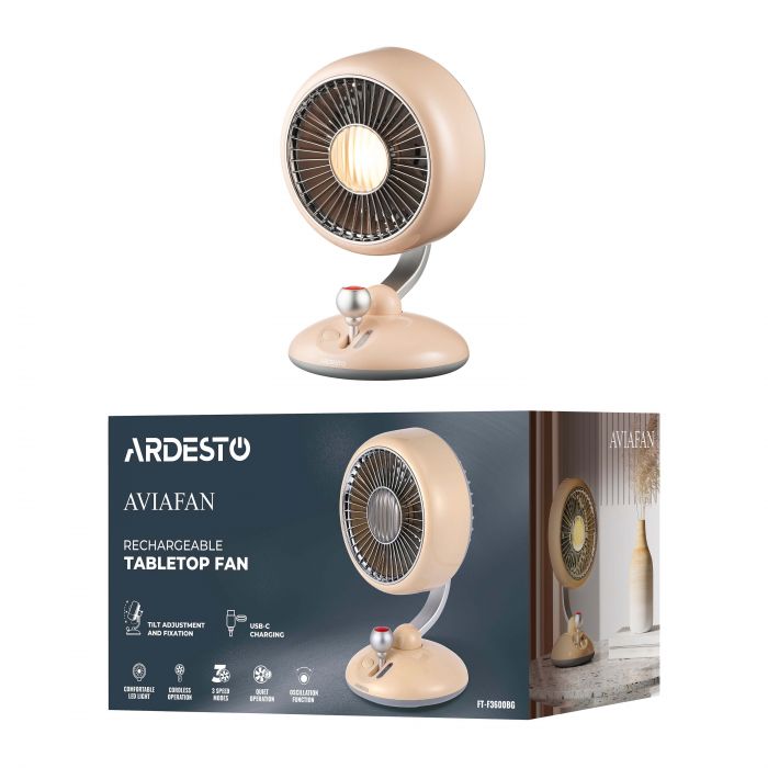 Вентилятор ARDESTO AviaFan FT-F3600BG настільний, 12см, акумулятор, підсвічування, USB-A Type-C, бежевий