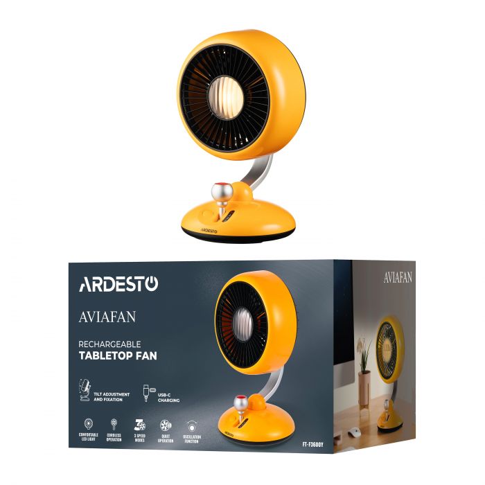 Вентилятор ARDESTO AviaFan FT-F3600Y настільний, 12см, акумулятор, підсвічування, USB-A Type-C, жовтий