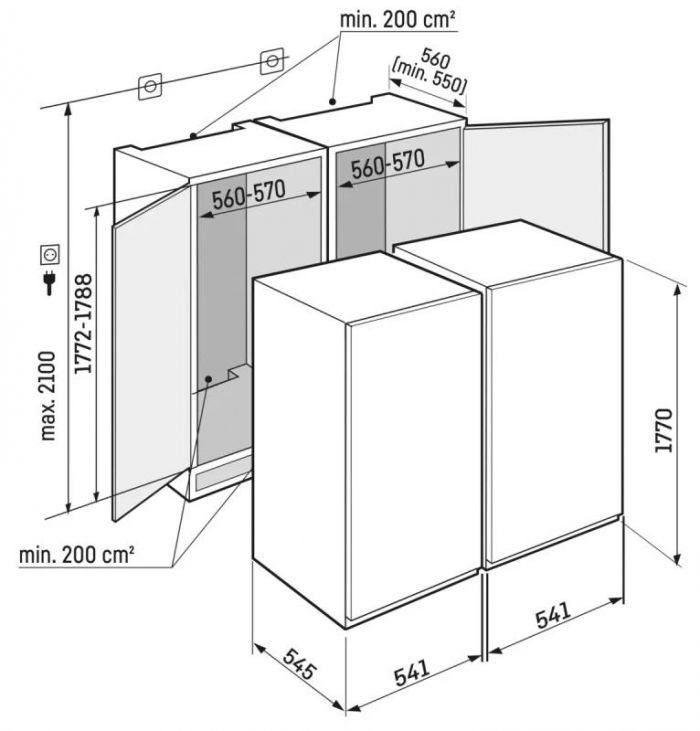 Холодильник Liebherr вбудований SBS, 177x111.8х54.6, холод.відд.-291л, мороз.відд.-209л, 2дв., F, NF, диспл внутр., BioFresh, білий