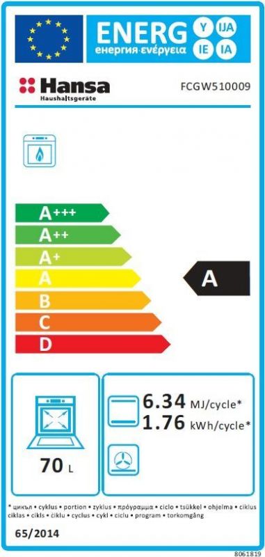 Плита Hansa газова, 70л, 50x60см, газ-контроль, електричне запалювання в ручках, білий