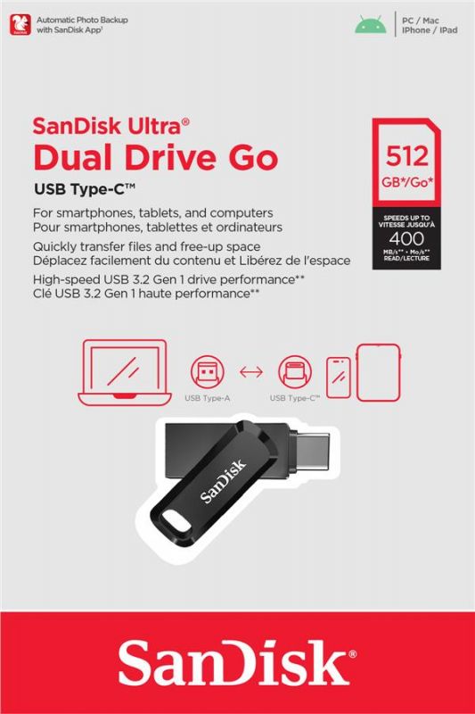 Накопичувач SanDisk  512GB USB 3.1 Type-A + Type-C Ultra Dual Drive Go Чорний