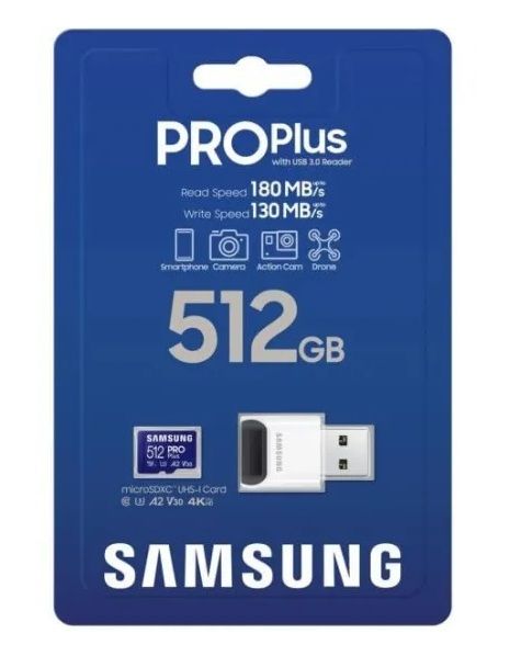 Карта пам'яті Samsung microSDXC    512GB C10 UHS-I R180MB/s PRO Plus + SD