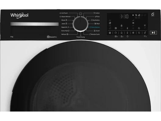 Сушильна машина Whirlpool тепловий насос, 9кг, A+++, 60см, дисплей, люк чорний, білий