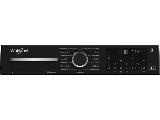 Сушильна машина Whirlpool тепловий насос, 9кг, A+++, 60см, дисплей, люк чорний, білий