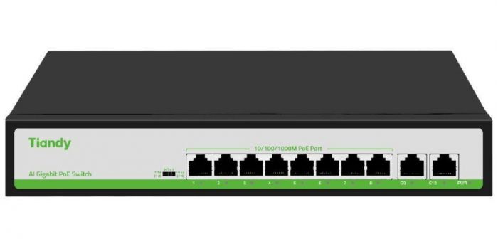 Комутатор Tiandy TC-P3S010 Spec: H/0820/AT/90, 8х10/100Mbps PoE Ports + 2х100/1000Mbps RJ45 Uplink Ports