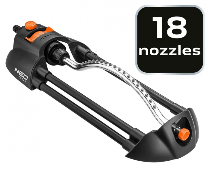 Зрошувач дощовий Neo Tools, дощувач маятниковий, 18 сопел в металевому елементі, регулювання діапазону та сили поливу, площа розпилення 14х19м