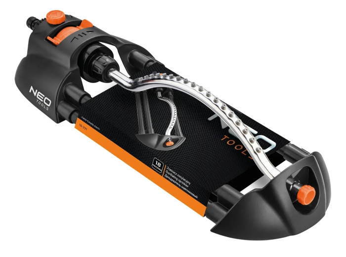 Зрошувач дощовий Neo Tools, дощувач маятниковий, 18 сопел в металевому елементі, регулювання діапазону та сили поливу, площа розпилення 14х19м