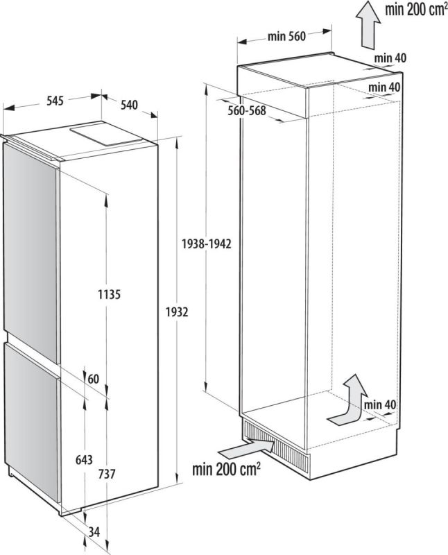 Вбуд. холодильник з мороз. камерою Gorenje, 193х55х54см, 2 двері, 208(76)л, А+, NF+, Зона св-ті, Диспл, Біли