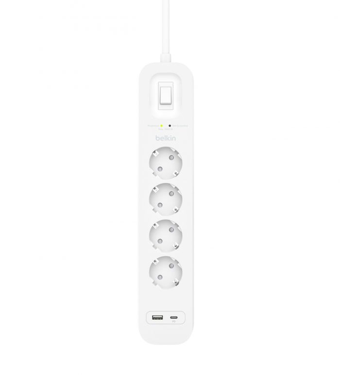 Подовжувач мережевий Belkin 2м, 4хТип, 16А, USB-A/USB-C 18Вт, фільтр, білий
