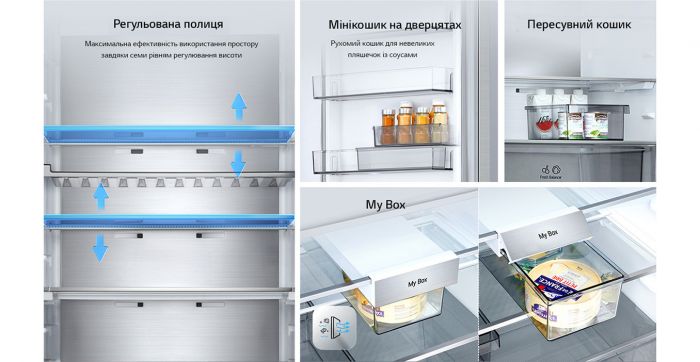 Холодильник LG з нижн. мороз., 203x60х68, холод.відд.-262л, мороз.відд.-113л, 2дв., E, NF, інв., диспл зовн., Fresh Сonverter, Metal Fresh, сріблястий