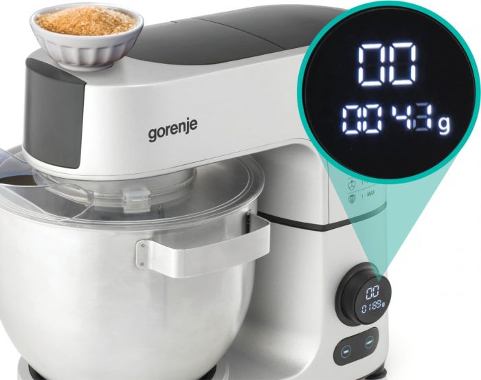 Кухонна машина Gorenje 1500Вт, дисплей, чаша-метал, корпус-метал+пластік, насадок-7, сріблястий