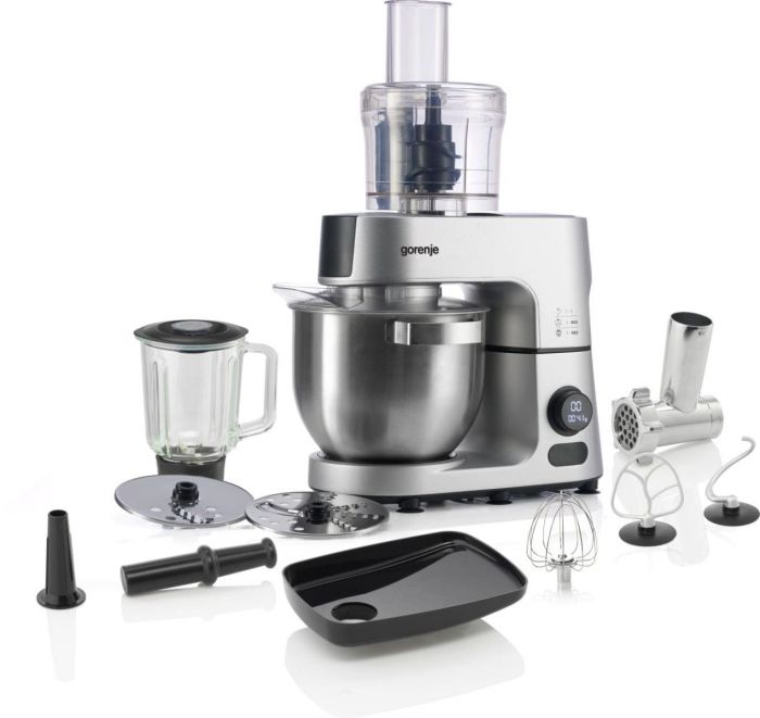 Кухонна машина Gorenje 1500Вт, дисплей, чаша-метал, корпус-метал+пластік, насадок-7, сріблястий
