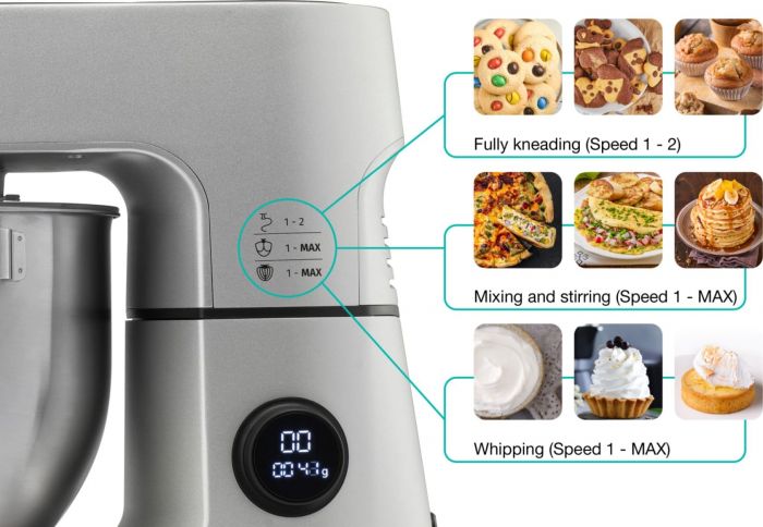 Кухонна машина Gorenje 1500Вт, дисплей, чаша-метал, корпус-метал+пластік, насадок-7, сріблястий