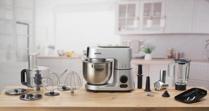 Кухонна машина Gorenje 1500Вт, дисплей, чаша-метал, корпус-метал+пластік, насадок-7, сріблястий