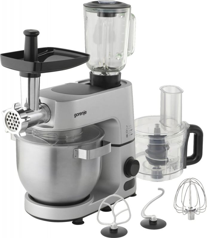 Кухонна машина Gorenje 1500Вт, дисплей, чаша-метал, корпус-метал+пластік, насадок-7, сріблястий