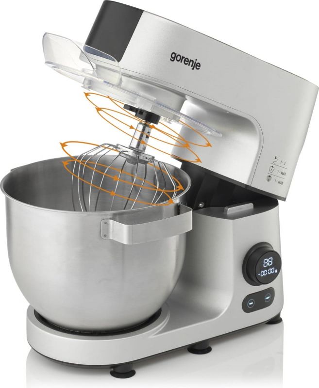 Кухонна машина Gorenje 1500Вт, дисплей, чаша-метал, корпус-метал+пластік, насадок-7, сріблястий
