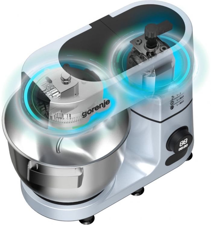 Кухонна машина Gorenje 1500Вт, дисплей, чаша-метал, корпус-метал+пластік, насадок-7, сріблястий