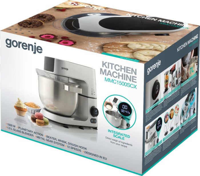 Кухонна машина Gorenje 1500Вт, дисплей, чаша-метал, корпус-метал+пластік, насадок-7, сріблястий