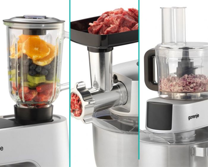 Кухонна машина Gorenje 1500Вт, дисплей, чаша-метал, корпус-метал+пластік, насадок-7, сріблястий