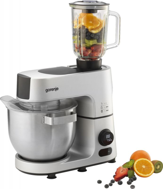 Кухонна машина Gorenje 1500Вт, дисплей, чаша-метал, корпус-метал+пластік, насадок-7, сріблястий