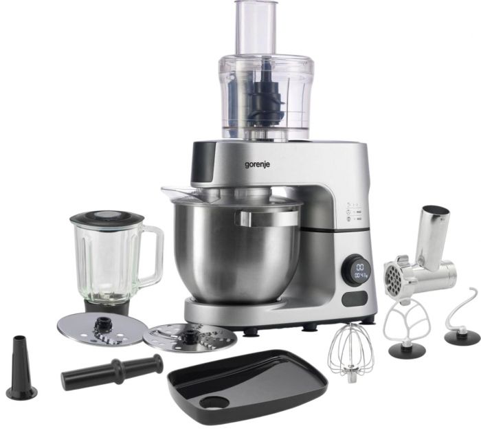 Кухонна машина Gorenje 1500Вт, дисплей, чаша-метал, корпус-метал+пластік, насадок-7, сріблястий