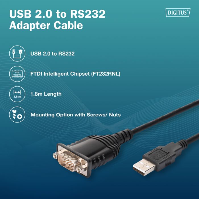 Адаптер DIGITUS USB 2.0 > RS232 (M/M), FT232RNL, 1.8m