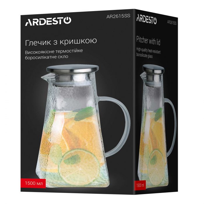 Глечик з кришкою ARDESTO 1500мл, боросилікатне скло, нержавіюча сталь, прозорий