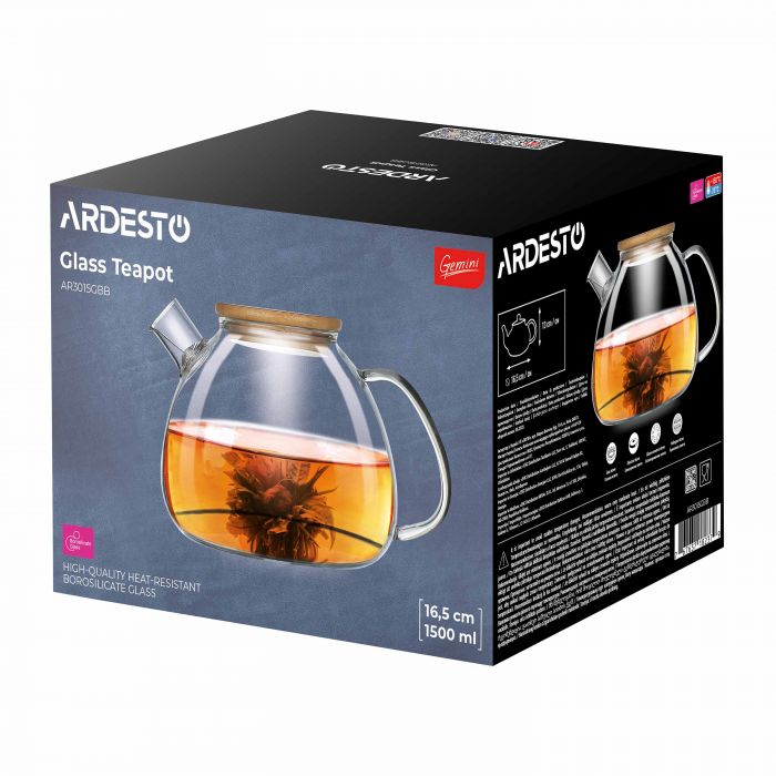 Заварник ARDESTO Gemini Bubble 1500мл, боросилікатне скло, бамбук, прозорий