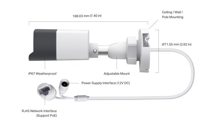 IP-Камера TP-LINK VIGI C340I-2.8mm, PoE, 4 Мп, 2.8 мм, H.265+, IP67, Bullet, ІЧ нічне бачення, зовнішня, вбудований мікрофон