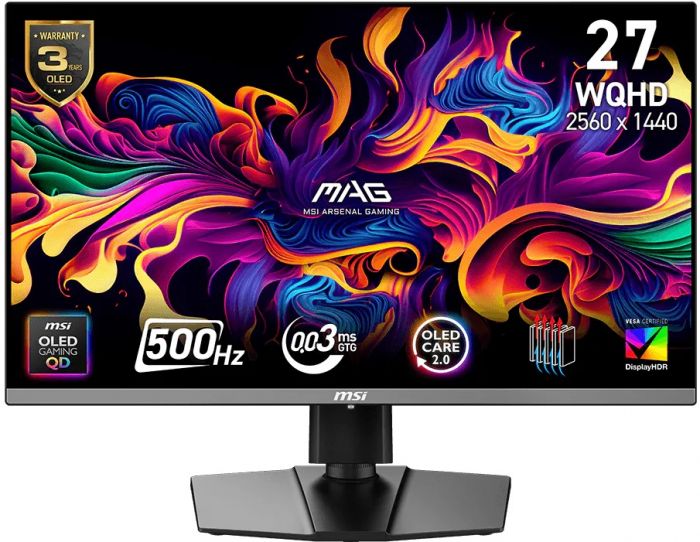 Монітор MSI 26.5" MAG 272QP QD-OLED-X50 2xHDMI, DP, USB-C, Audio, QD-OLED, 2560x1440, 500Hz, 0.03ms, DCI-P3 99%, FreeSync, Pivot, HDR500