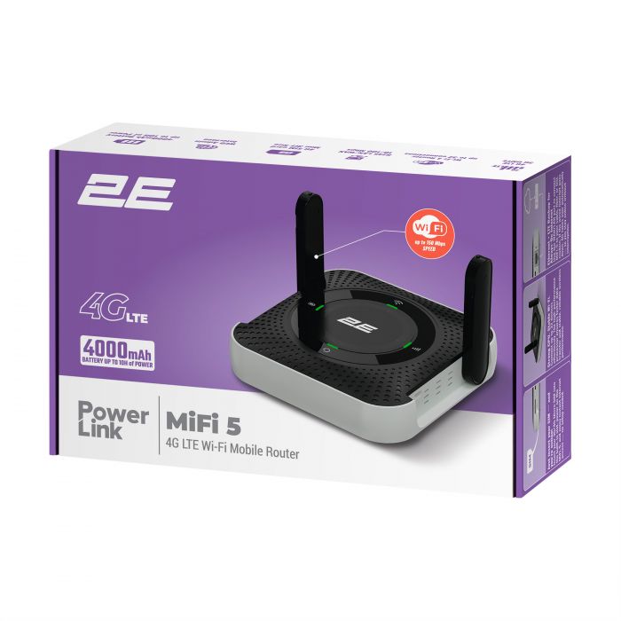 Мобільний маршрутизатор 2E PowerLink (MiFi-5 2025) N150, LTE, Wi-Fi4, 1xFE LAN, 1xType-C, 4000мА•год чорний