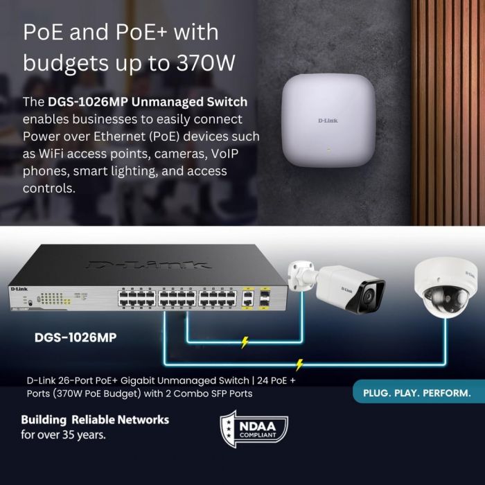 Комутатор D-Link DGS-1026MP 24x1GE c PoE, 2xSFP/GE, 370W