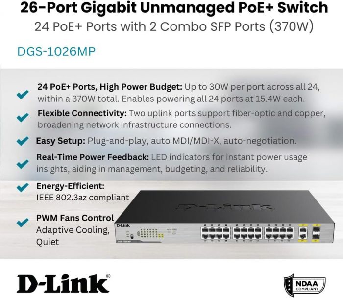 Комутатор D-Link DGS-1026MP 24x1GE c PoE, 2xSFP/GE, 370W