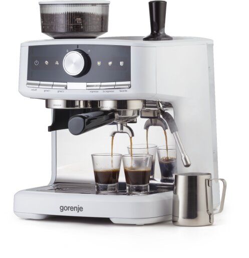 Кавоварка Gorenje ріжкова 2.5л, кавомолка 0,25л, капучинатор, кнопочне керування, білий