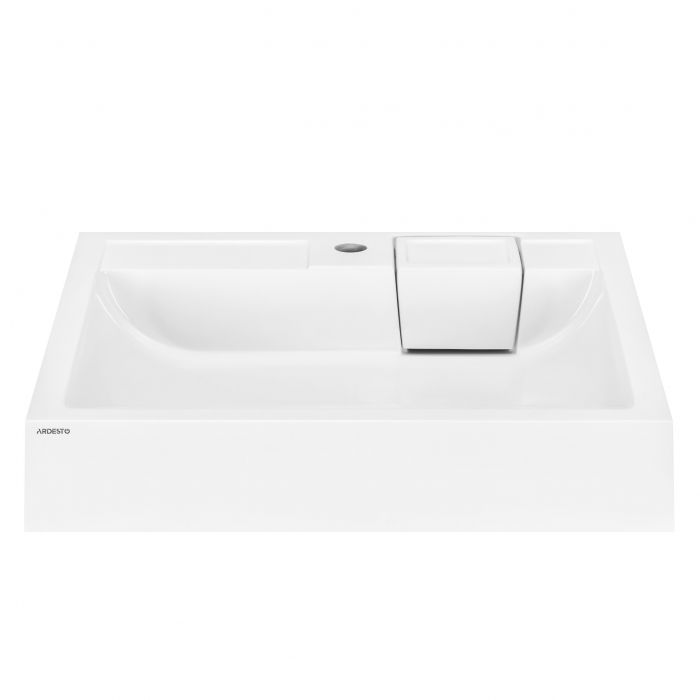 Раковина, умивальник ARDESTO Charlie, штучний камінь, прямокут., з отвором для змішувача, без переливу, 595х595х115мм, накладний, білий